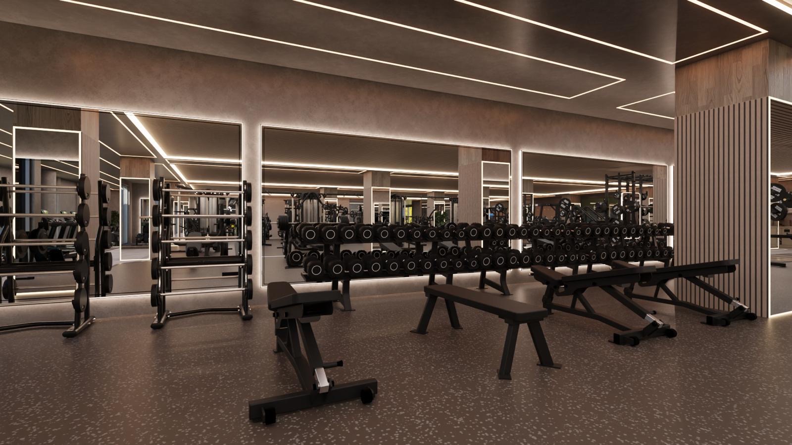 Free-weight zone with mirrors