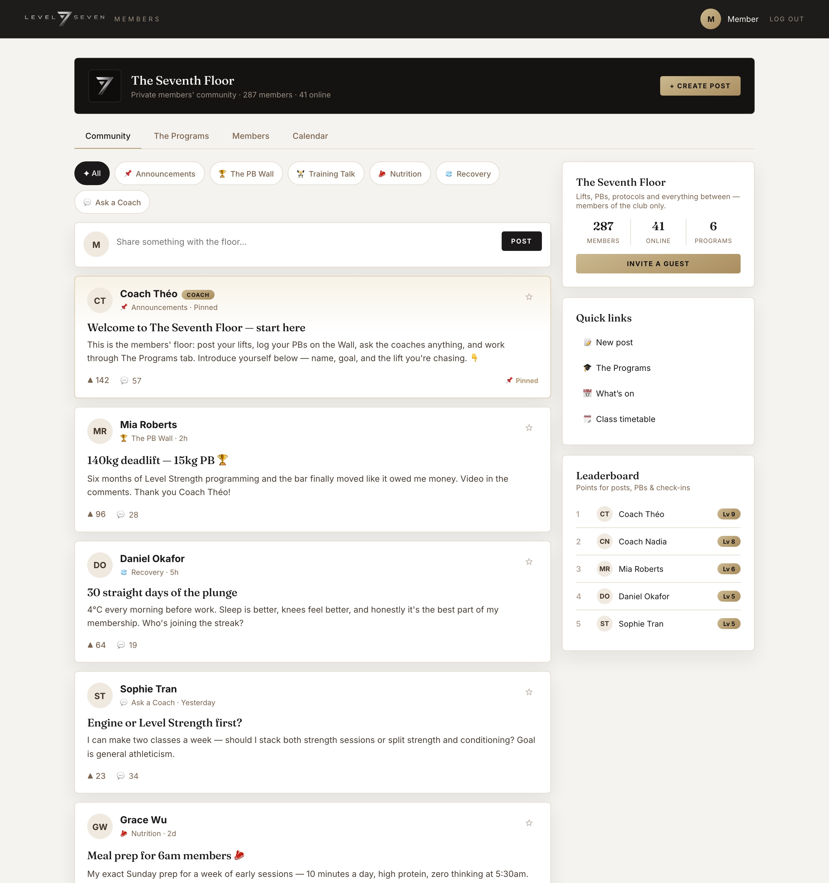 Post, ask, celebrate — inside the Level Seven members area